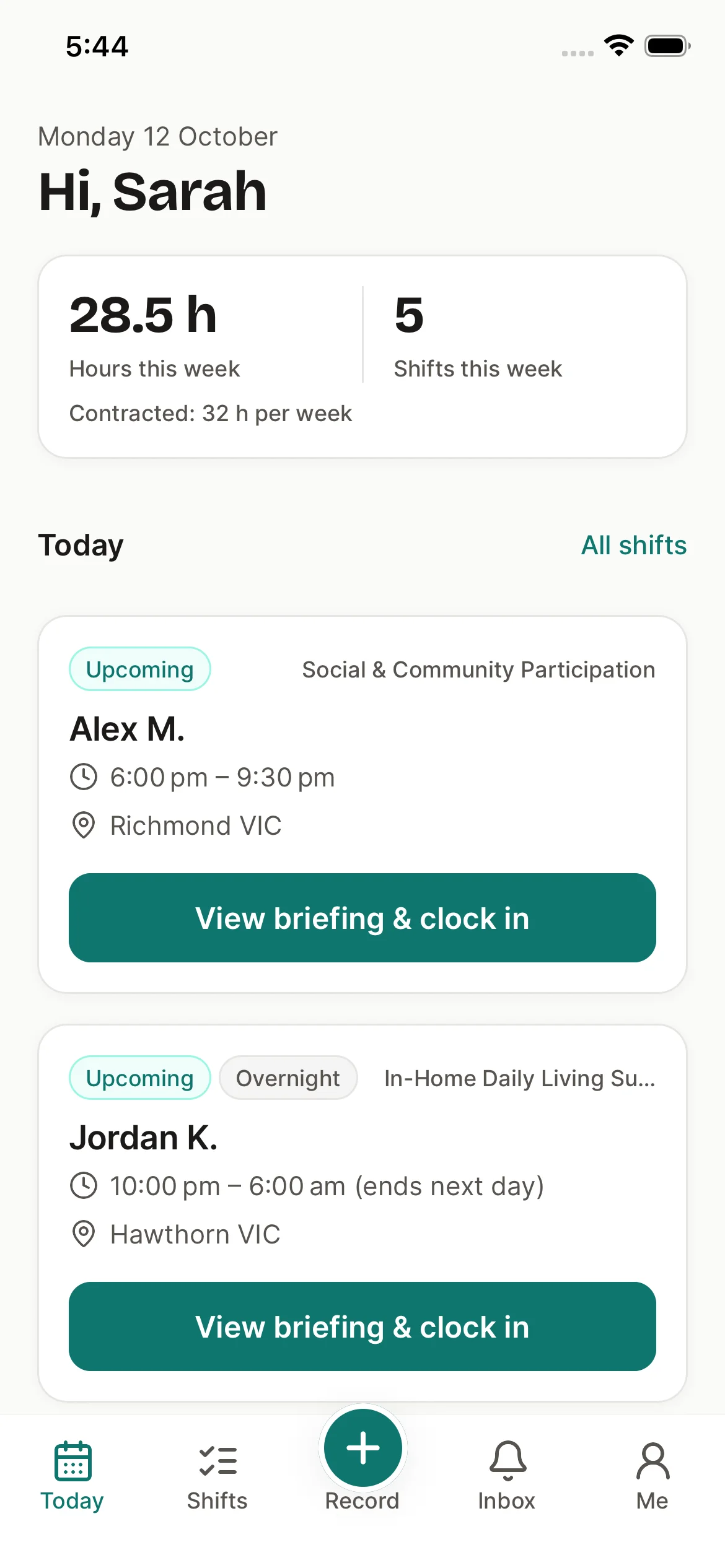 Alevora worker mobile app Today screen showing scheduled shifts, GPS clock-in, and weekly summary.